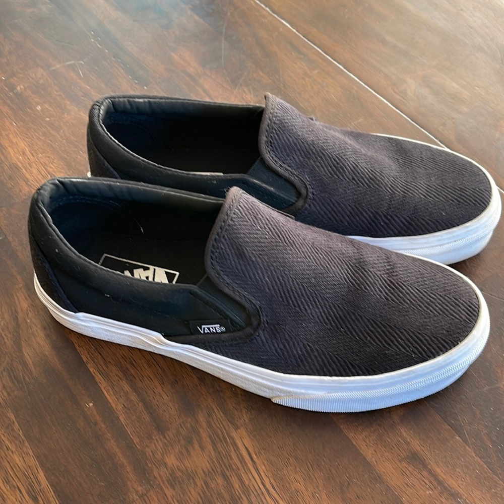 Black Vans. Thick herringbone canvas pattern.